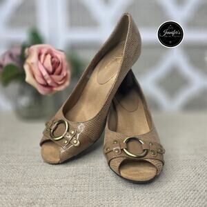 A2 by Aerosoles Tan Benelux Snakeskin Peep Toe Heels Size 7M